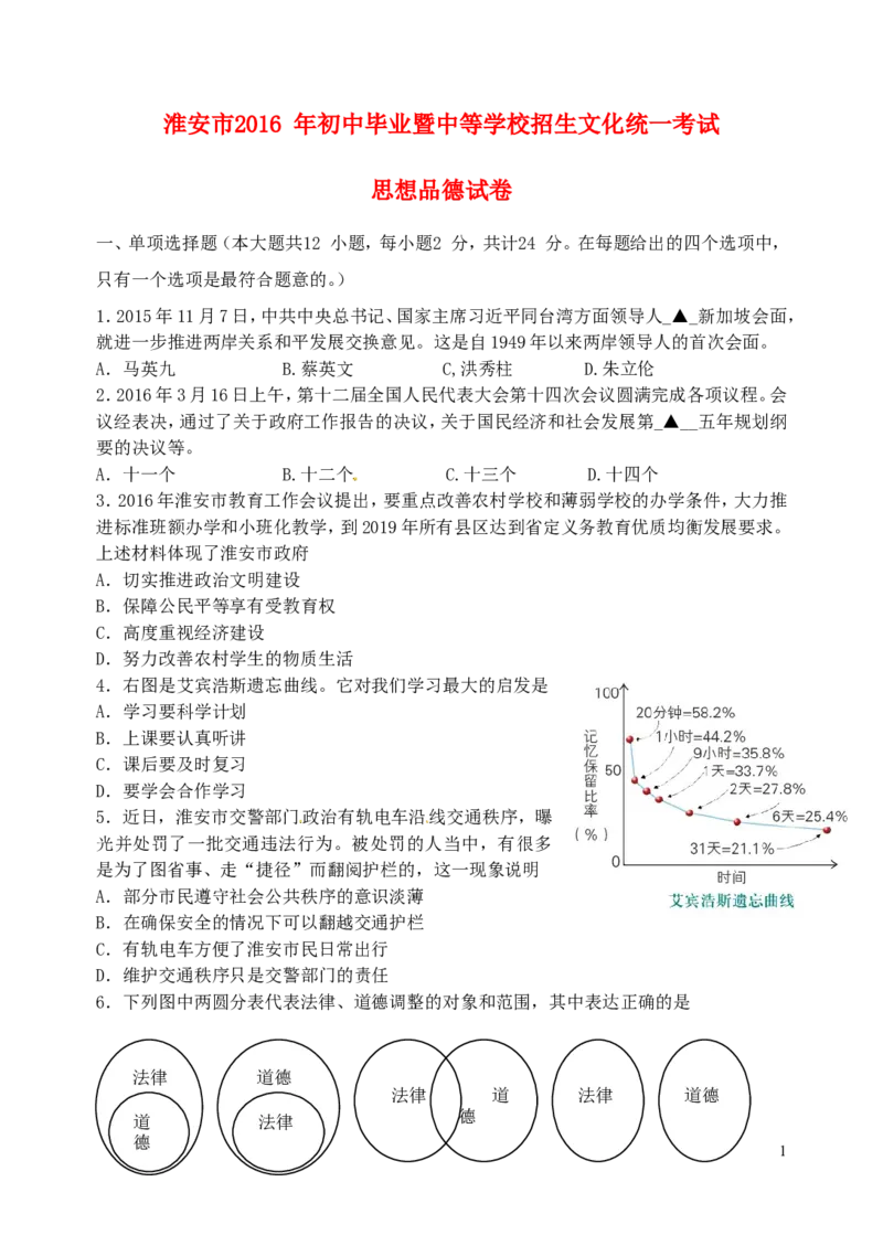 江苏省淮安市2016年中考政治真题试题（含答案）_7.政治中考真题2015-2024年_2016年全国中考政治91份