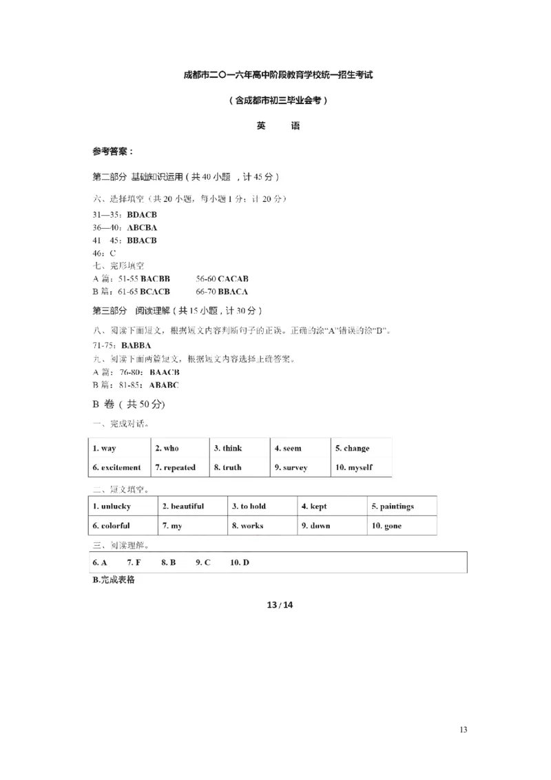 四川省成都市2016年中考英语真题试题（扫描版，含答案）_中考真题_3.英语中考真题2015-2024年_2016年全国中考YINGYU99份