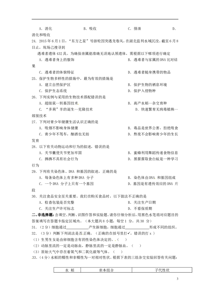 广西百色市2015年中考生物真题试题（含答案）_8.生物中考真题2015-2024年_2015年全国中考生物74份