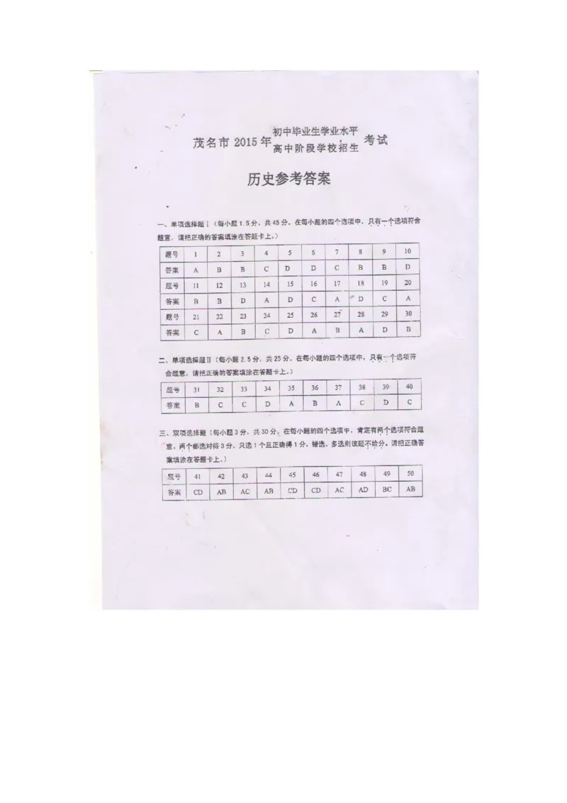 广东省茂名市2015年中考历史真题试题（扫描版，含答案）_6.历史中考真题2015-2024年_2015年全国中考历史99份