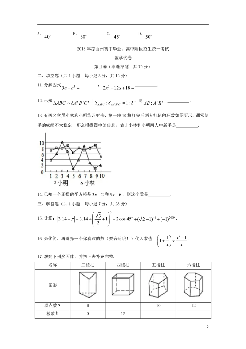 四川省凉山州2018年中考数学真题试题（含答案）_中考真题_2.数学中考真题2015-2024年_2018年全国中考数学258份