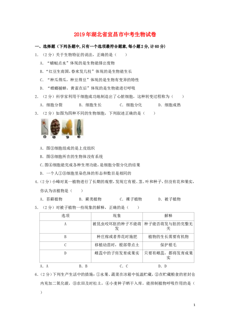 湖北省宜昌市2019年中考生物真题试题（含解析）_8.生物中考真题2015-2024年_2019年全国中考生物92份