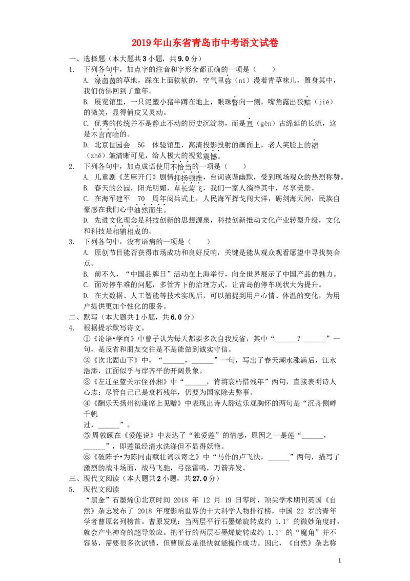 山东省青岛市2019年中考语文真题试题（含解析）_中考真题_1.语文中考真题2015-2024年_2019年全国中考语文154份_2019年全国中考YuWen154份