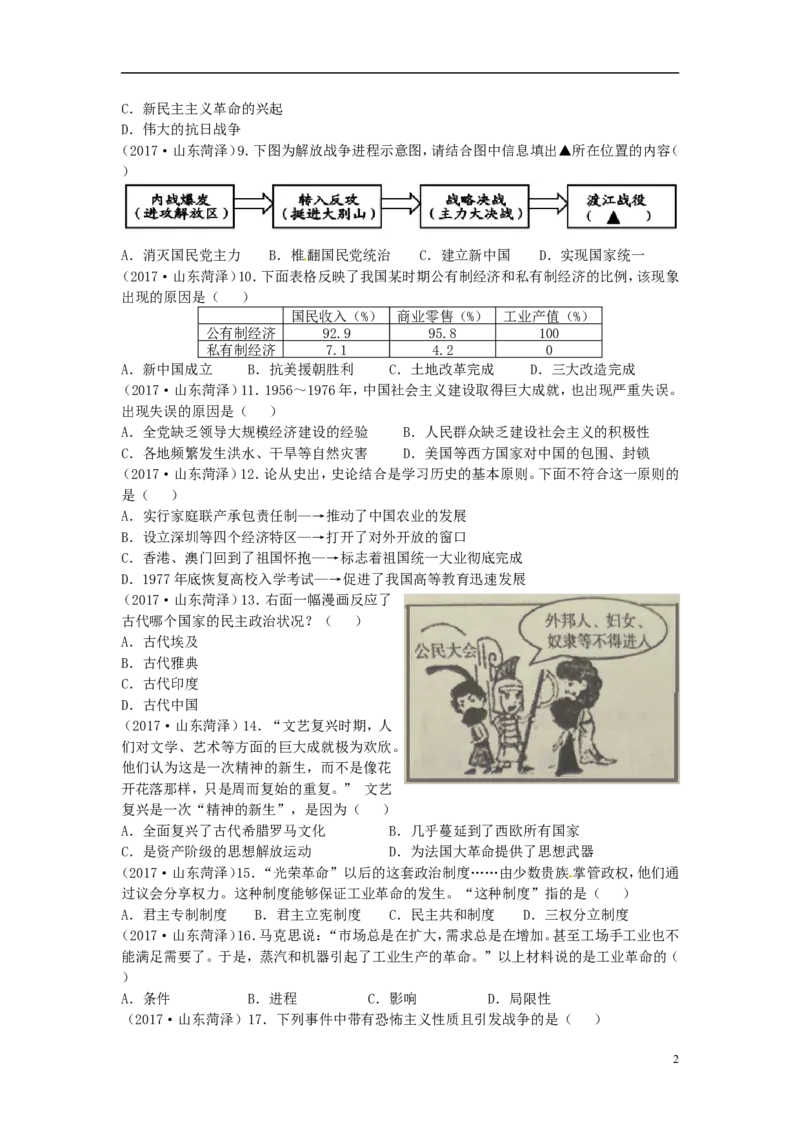 山东省菏泽市2017年中考历史真题试题（含答案）_6.历史中考真题2015-2024年_2017年全国中考历史152份