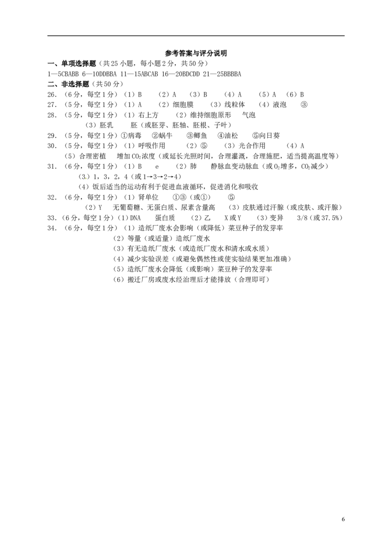湖南省衡阳市2015年中考生物真题试题（含答案）_8.生物中考真题2015-2024年_2015年全国中考生物74份