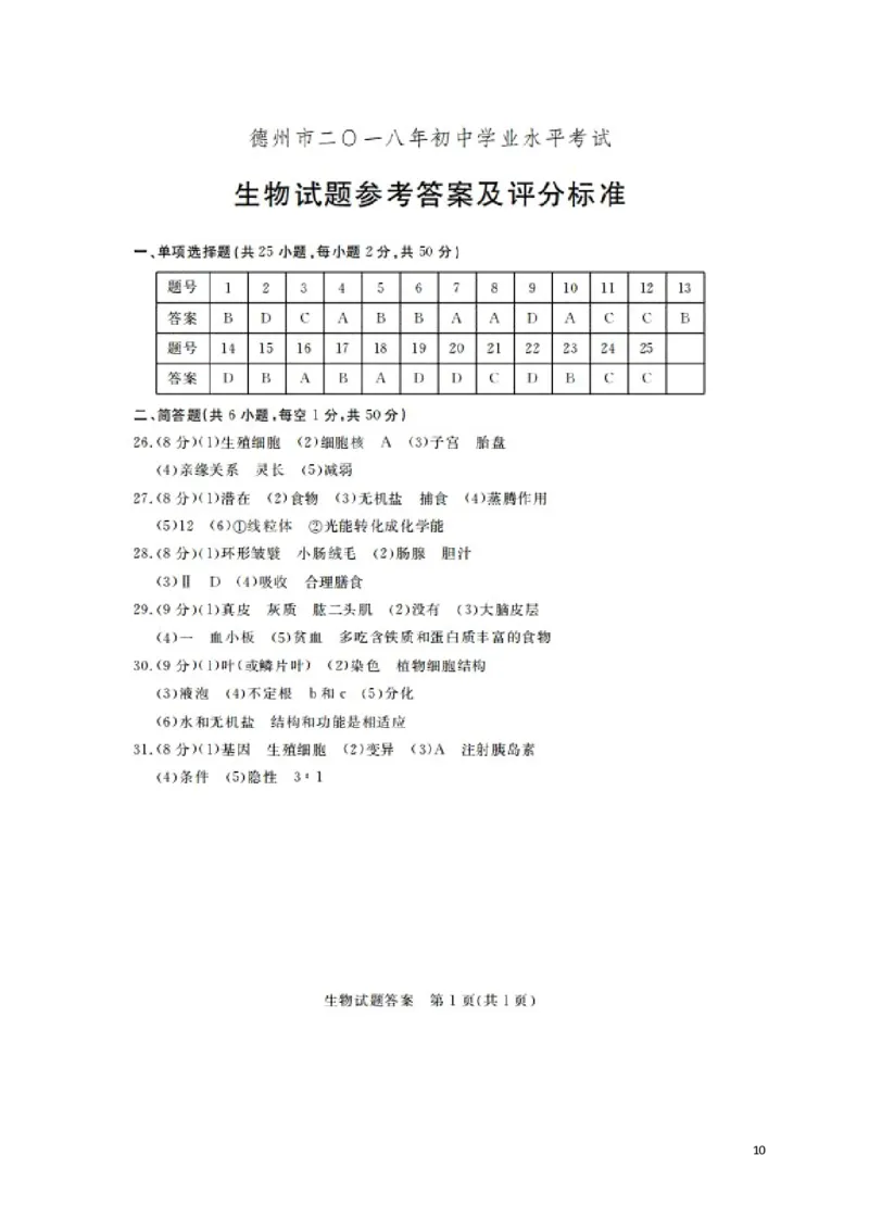 山东省德州市2018年中考生物真题试题（含答案）_8.生物中考真题2015-2024年_2018年全国中考生物141份