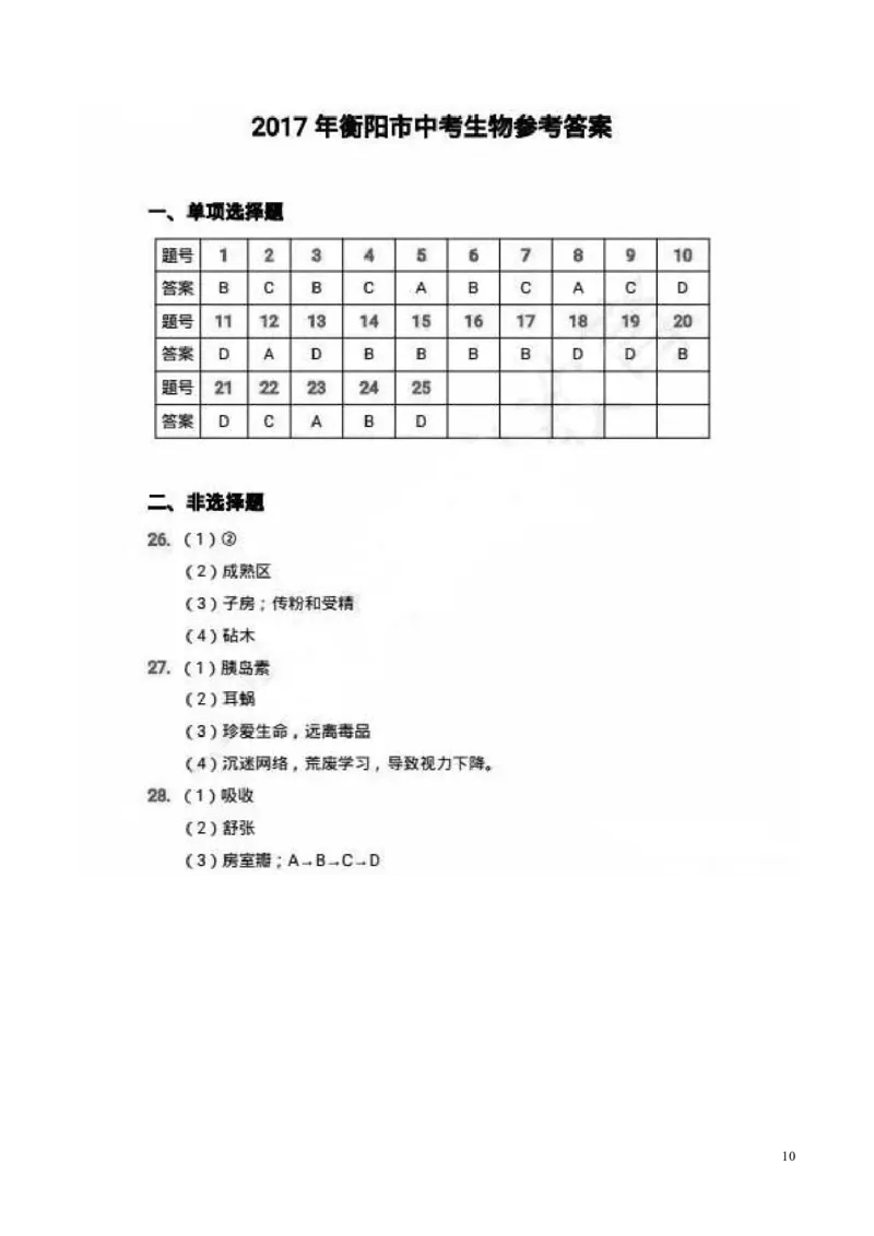 湖南省衡阳市2017年中考生物真题试题（含扫描答案）_8.生物中考真题2015-2024年_2017年全国中考生物124份