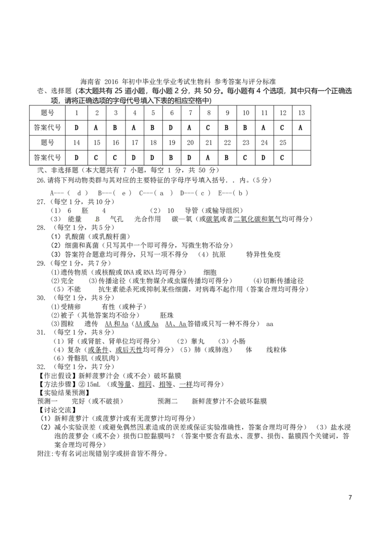 海南省2016年中考生物真题试题（含答案）_8.生物中考真题2015-2024年_2016年全国中考生物74份