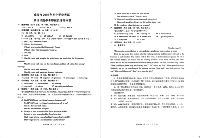 山东省威海市2016年中考英语真题试题（pdf，含答案）_中考真题_3.英语中考真题2015-2024年_2016年全国中考YINGYU99份