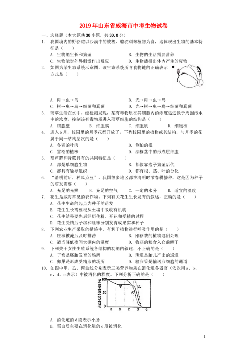 山东省威海市2019年中考生物真题试题（含解析）_8.生物中考真题2015-2024年_2019年全国中考生物92份