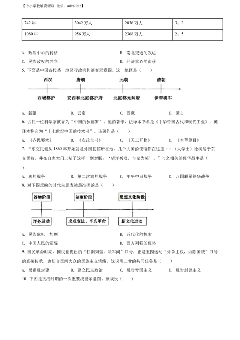 精品解析：2022年山东省菏泽市中考历史真题（原卷版）_6.历史中考真题2015-2024年_2022中考历史真题104份18