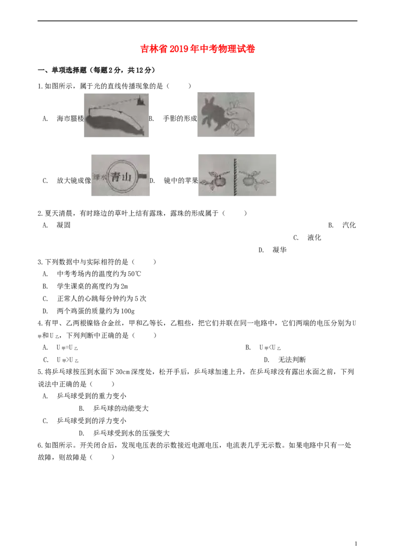 吉林省2019年中考物理真题试题（含解析）_中考真题_4.物理中考真题2015-2024年_2019年中考物理真题175份