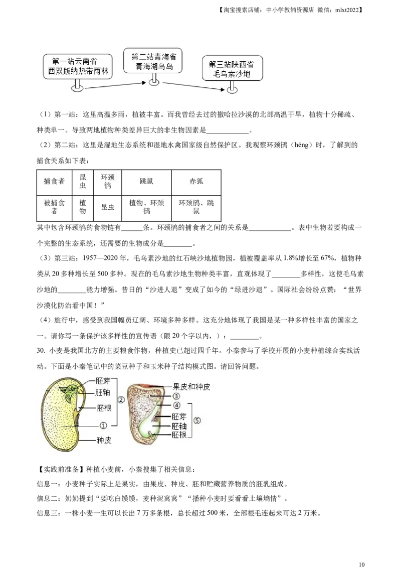 精品解析：2024年陕西省中考生物真题（原卷版）_8.生物中考真题2015-2024年_2024年中考生物真题_精品解析：2024年陕西省中考生物真题
