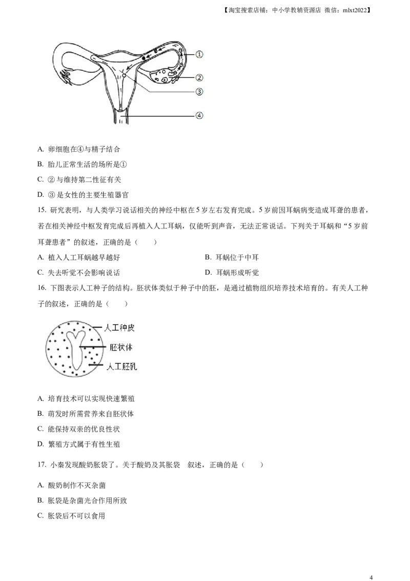 精品解析：2024年陕西省中考生物真题（原卷版）_8.生物中考真题2015-2024年_2024年中考生物真题_精品解析：2024年陕西省中考生物真题