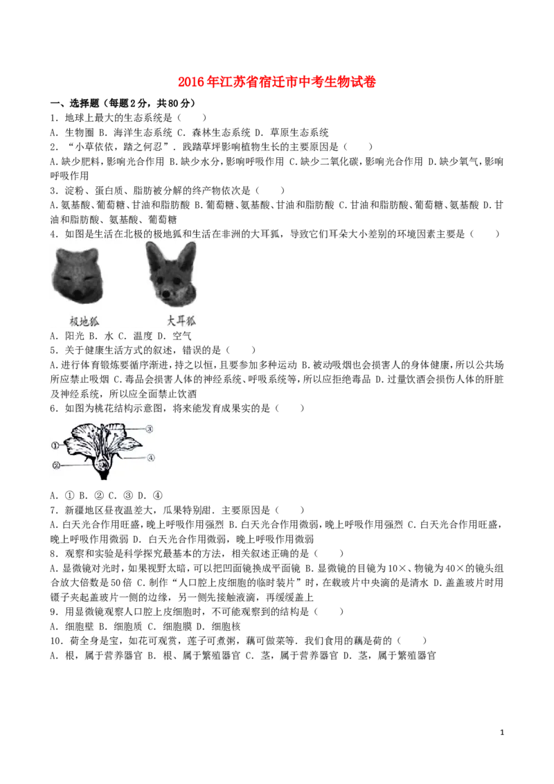 江苏省宿迁市2016年中考生物真题试题（含解析）_8.生物中考真题2015-2024年_2016年全国中考生物74份