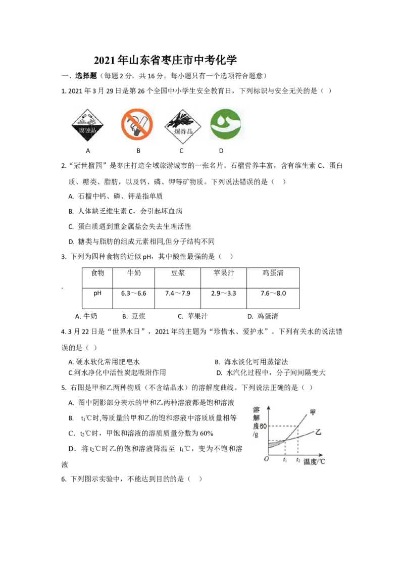 山东省枣庄市2021年中考化学试题（原卷版）_中考真题_5.化学中考真题2015-2024年_地区卷_山东省_山东枣庄化学09-21