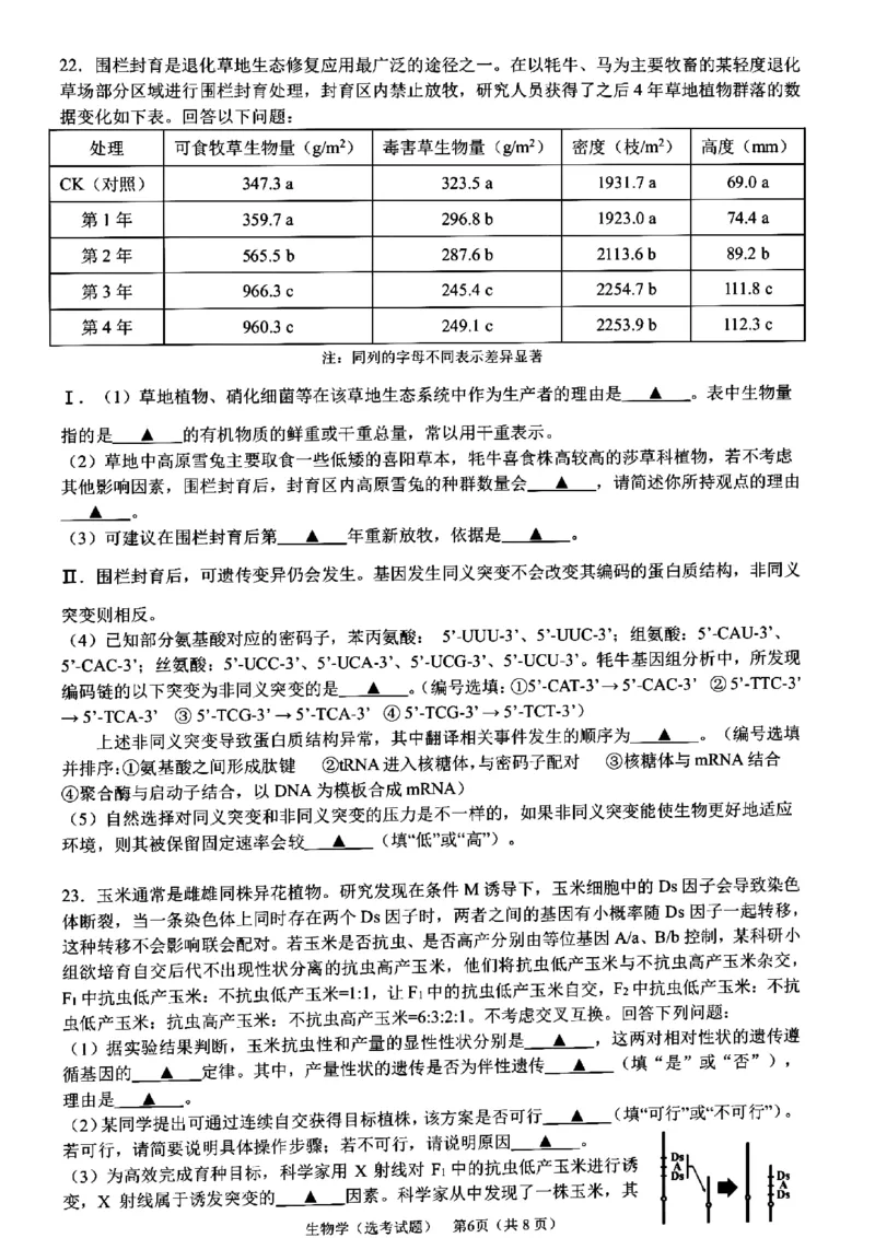 浙江省宁波市镇海中学2023-2024学年高三下学期模拟考试生物试题_2024年5月_01按日期_30号_2024届浙江省宁波市镇海中学高三5月阶段性考试