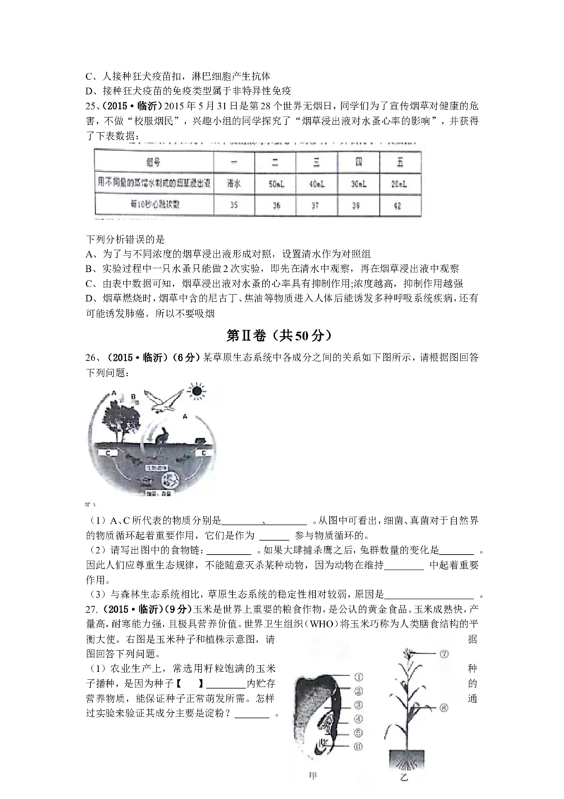 山东省临沂市2015年初中学业考试生物试题_8.生物中考真题2015-2024年_地区卷_山东省_临沂生物08-22_临沂生物