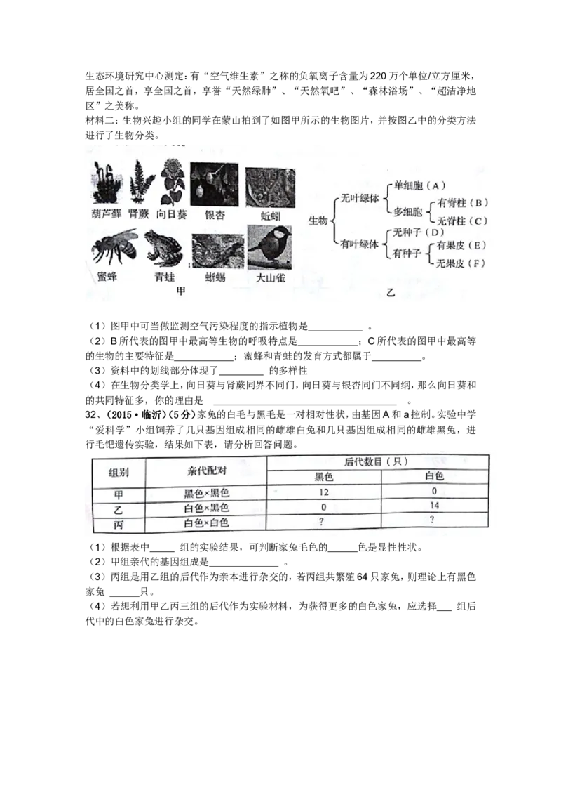 山东省临沂市2015年初中学业考试生物试题_8.生物中考真题2015-2024年_地区卷_山东省_临沂生物08-22_临沂生物