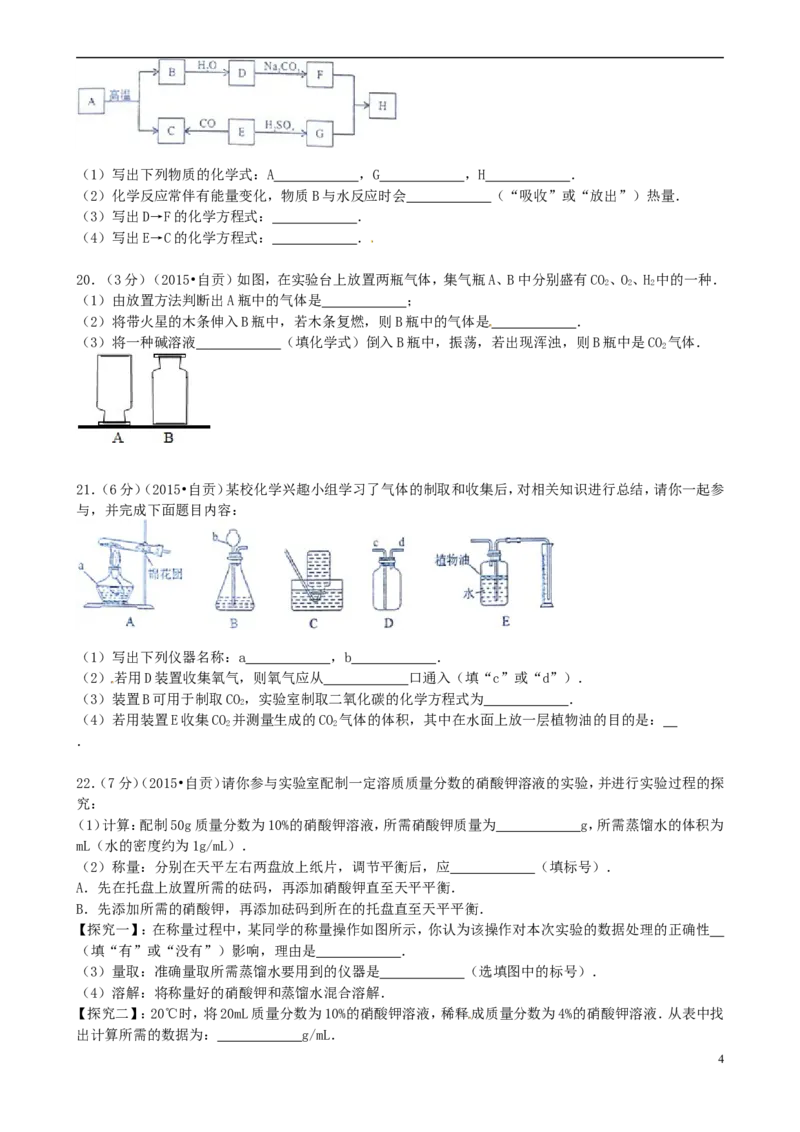 四川省自贡市2015年中考化学真题试题（含答案）_中考真题_5.化学中考真题2015-2024年_2015中考真题卷（162份）