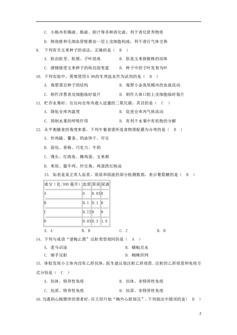 湖北省武汉市2018年中考生物真题试题（含答案）_8.生物中考真题2015-2024年_2018年全国中考生物141份