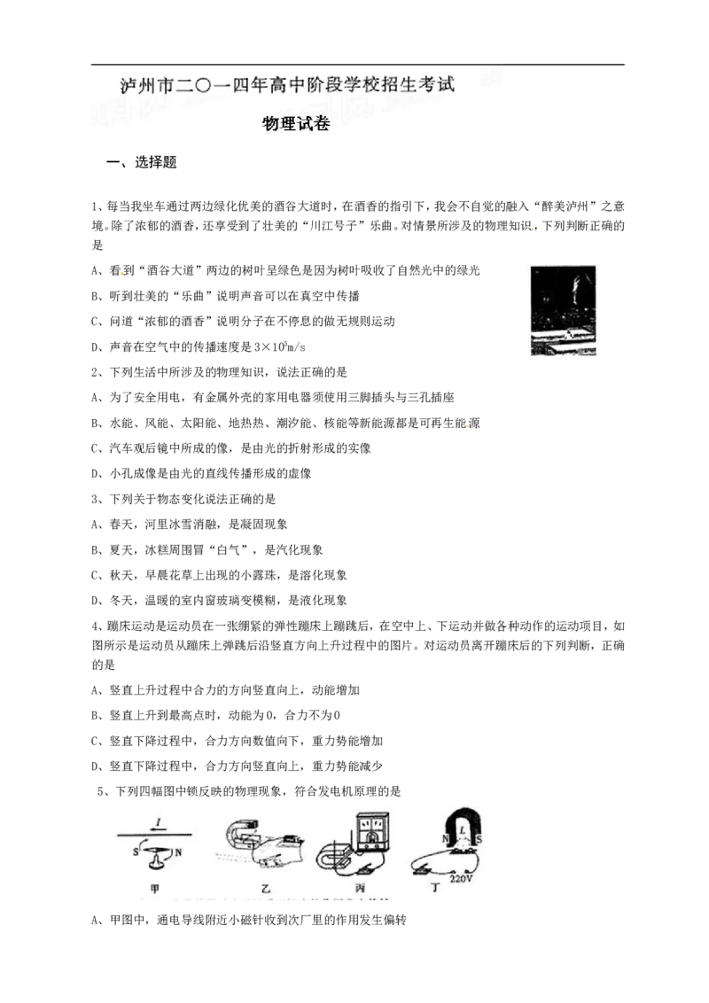 四川省泸州市2014年中考理综（物理部分）试题（word版，含答案）_中考真题_4.物理中考真题2015-2024年_地区卷_四川省_四川泸州物理14-21缺19