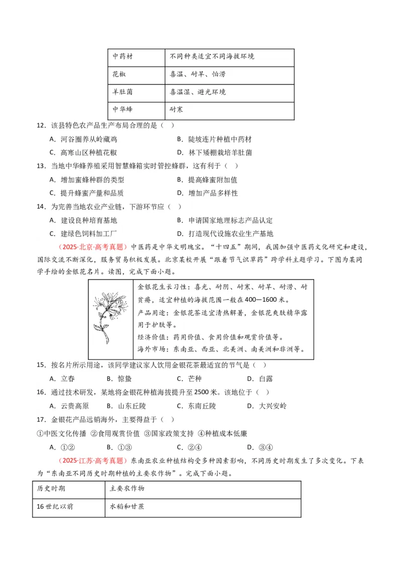 五年（2021-2025）高考地理真题分类汇编专题10农业（全国通用）（原卷版）_高考真题分类汇编_高考地理真题分类汇编（全国通用）五年（2021-2025）_word