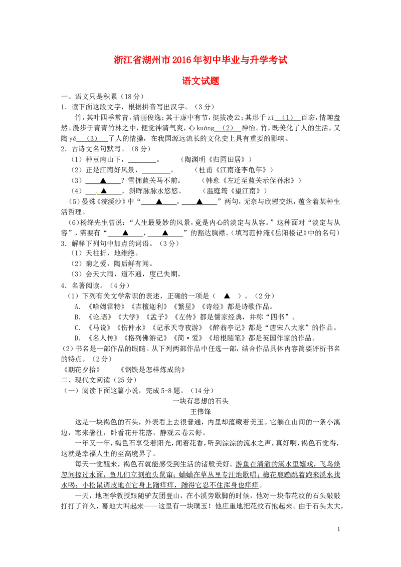 浙江省湖州市2016年中考语文真题试题（含答案）_中考真题_1.语文中考真题2015-2024年_2016年全国中考语文140份_2016年全国中考YuWen140份