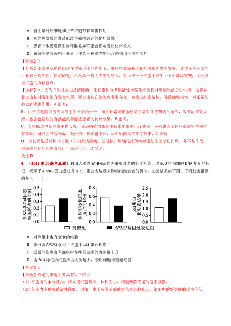 五年（2021-2025）全国高考生物真题分类汇编专题07细胞的分化、衰老、死亡及癌变（全国通用）（解析版）_高考真题分类汇编_高考生物真题分类汇编（全国通用）五年（2021-2025）