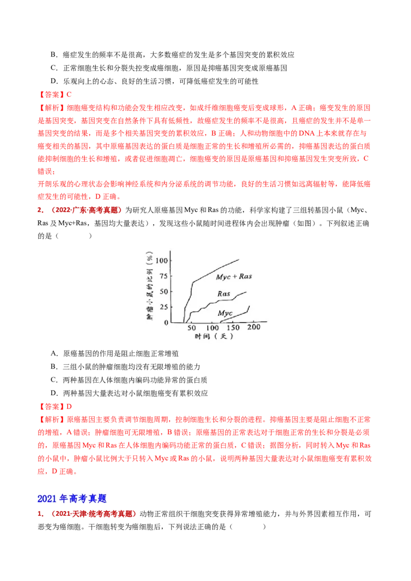 五年（2021-2025）全国高考生物真题分类汇编专题07细胞的分化、衰老、死亡及癌变（全国通用）（解析版）_高考真题分类汇编_高考生物真题分类汇编（全国通用）五年（2021-2025）