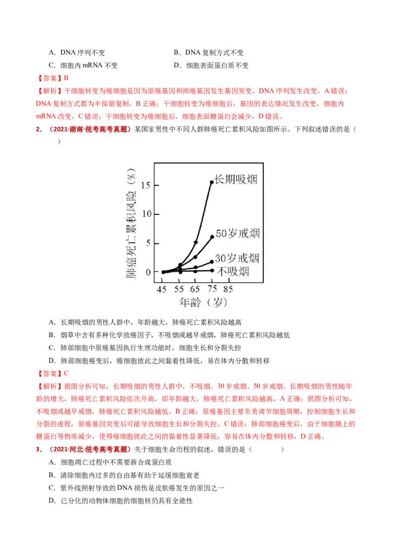 五年（2021-2025）全国高考生物真题分类汇编专题07细胞的分化、衰老、死亡及癌变（全国通用）（解析版）_高考真题分类汇编_高考生物真题分类汇编（全国通用）五年（2021-2025）