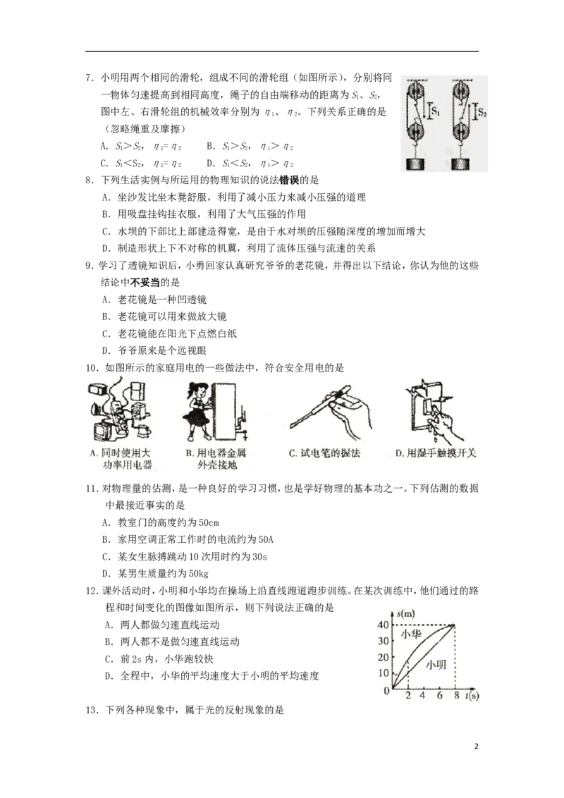 湖南省衡阳市2015年中考物理真题试题（含扫描答案）_中考真题_4.物理中考真题2015-2024年_2015年中考物理真题165份