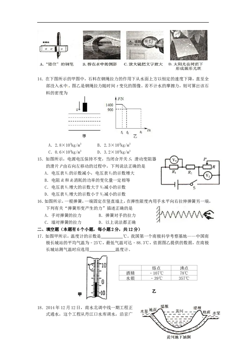湖南省衡阳市2015年中考物理真题试题（含扫描答案）_中考真题_4.物理中考真题2015-2024年_2015年中考物理真题165份
