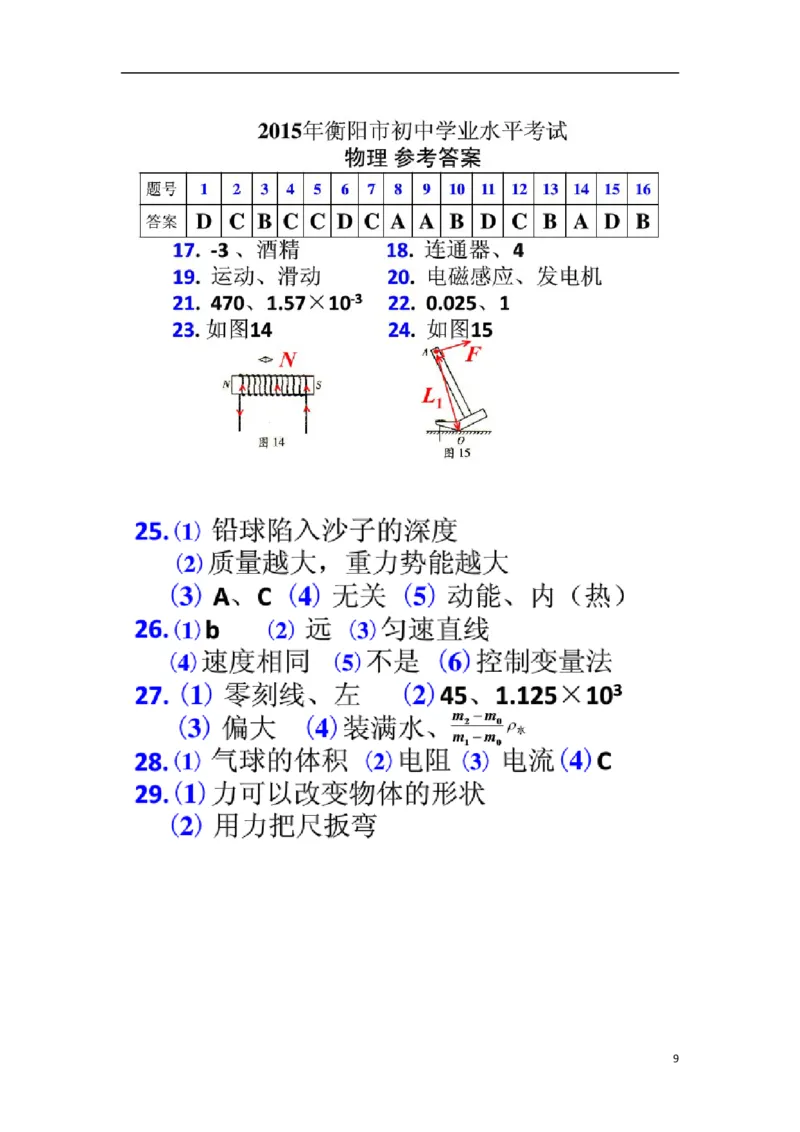 湖南省衡阳市2015年中考物理真题试题（含扫描答案）_中考真题_4.物理中考真题2015-2024年_2015年中考物理真题165份