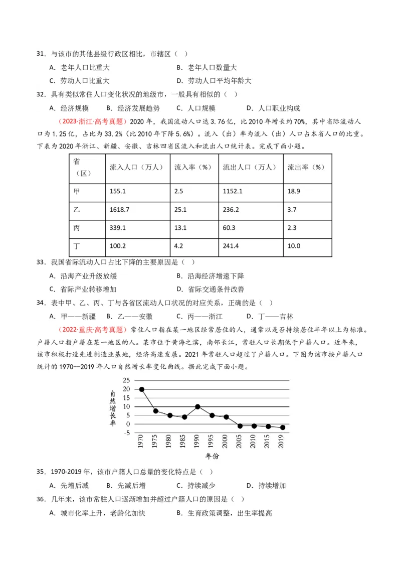 五年（2021-2025）高考地理真题分类汇编专题08人口（全国通用）（原卷版）_高考真题分类汇编_高考地理真题分类汇编（全国通用）五年（2021-2025）_word