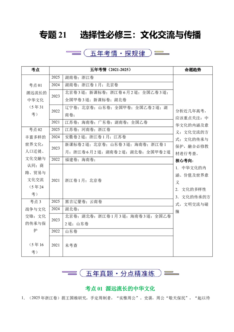 五年（2021-2025）高考历史真题分类汇编专题21选择性必修三：文化交流与传播（全国通用）（解析版）_高考真题分类汇编_高考历史真题分类汇编（全国通用）五年（2021-2025）