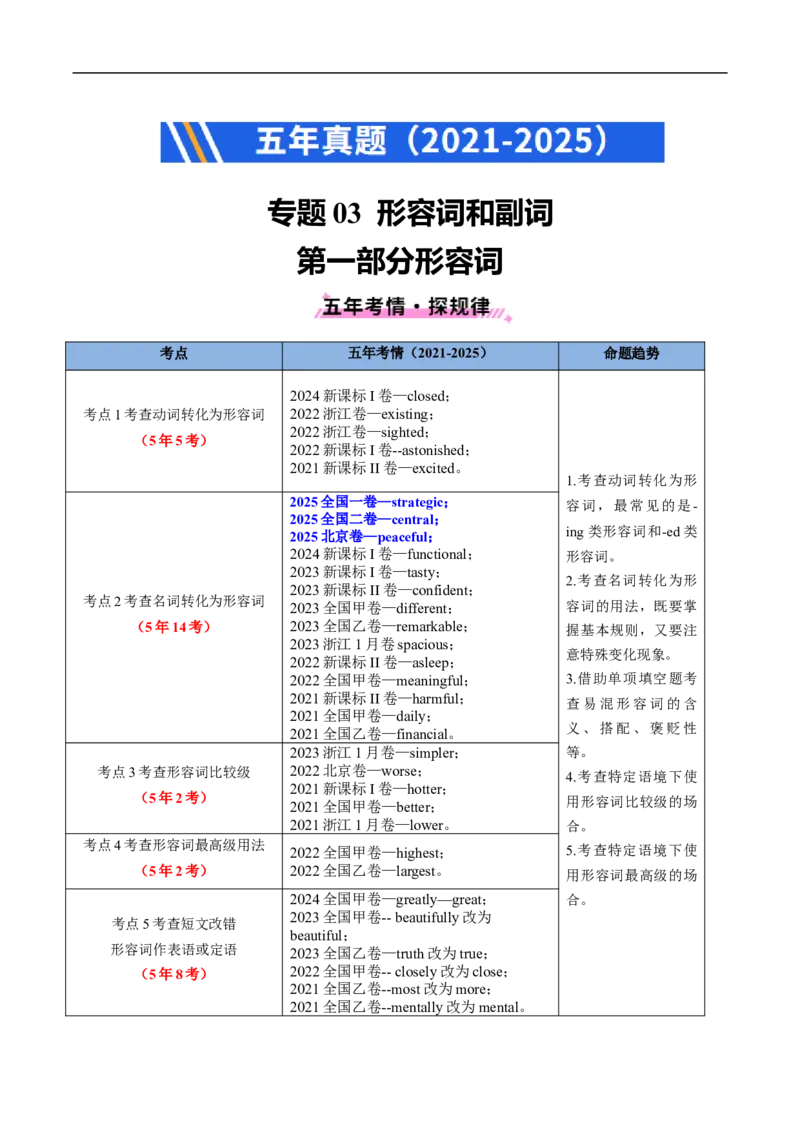 专题03形容词和副词（全国通用）（解析版）_高考真题分类汇编_高考英语真题分类汇编（新高考通用）五年（2021-2025）