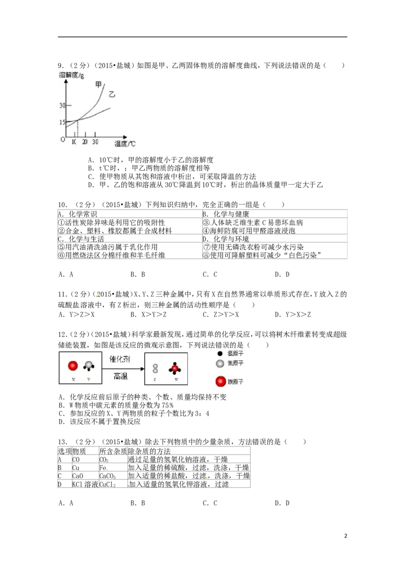 江苏省盐城市2015年中考化学真题试题（含扫描答案）_中考真题_5.化学中考真题2015-2024年_2015中考真题卷（162份）