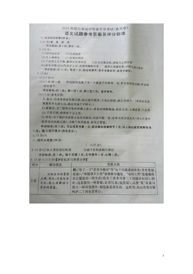 浙江省嘉兴市2016年中考语文真题试题（扫描版，含答案）_中考真题_1.语文中考真题2015-2024年_2016年全国中考语文140份_2016年全国中考YuWen140份