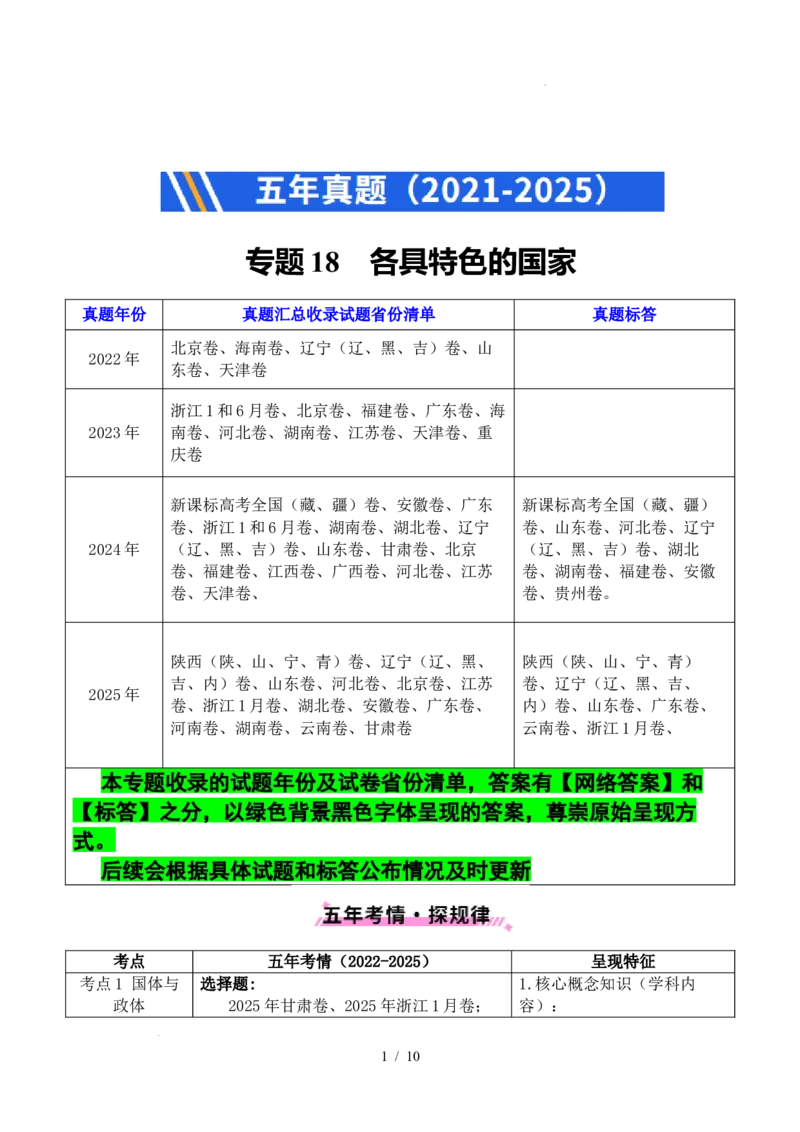 专题18各具特色的国家（全国通用）（原卷版）_高考真题分类汇编_高考政治真题分类汇编（全国通用）五年（2021-2025）