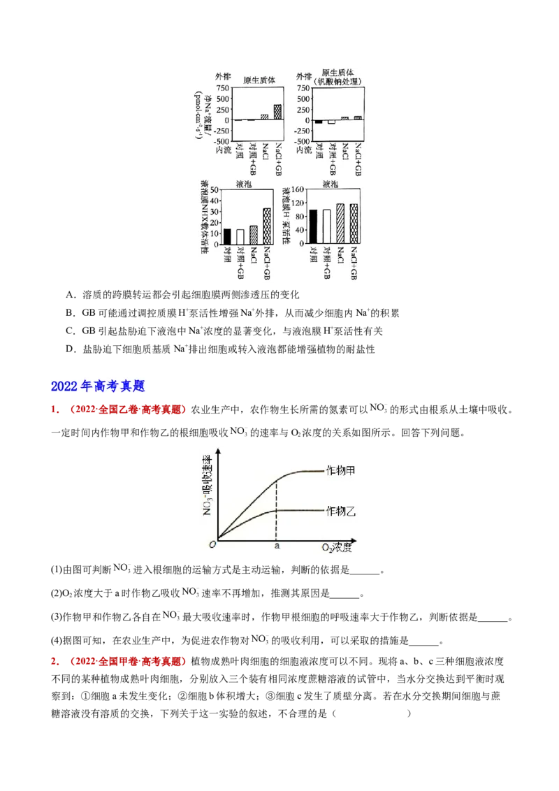 五年（2021-2025）全国高考生物真题分类汇编专题03物质的跨膜运输（全国通用）（原卷版）_高考真题分类汇编_高考生物真题分类汇编（全国通用）五年（2021-2025）