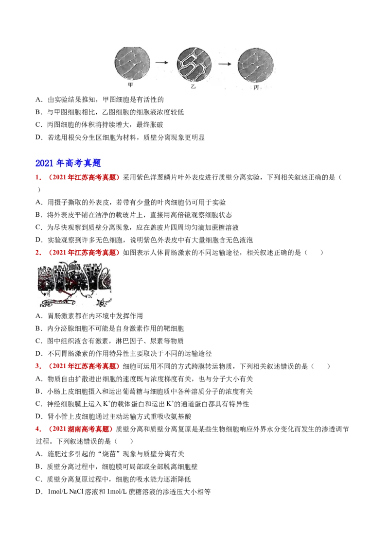 五年（2021-2025）全国高考生物真题分类汇编专题03物质的跨膜运输（全国通用）（原卷版）_高考真题分类汇编_高考生物真题分类汇编（全国通用）五年（2021-2025）