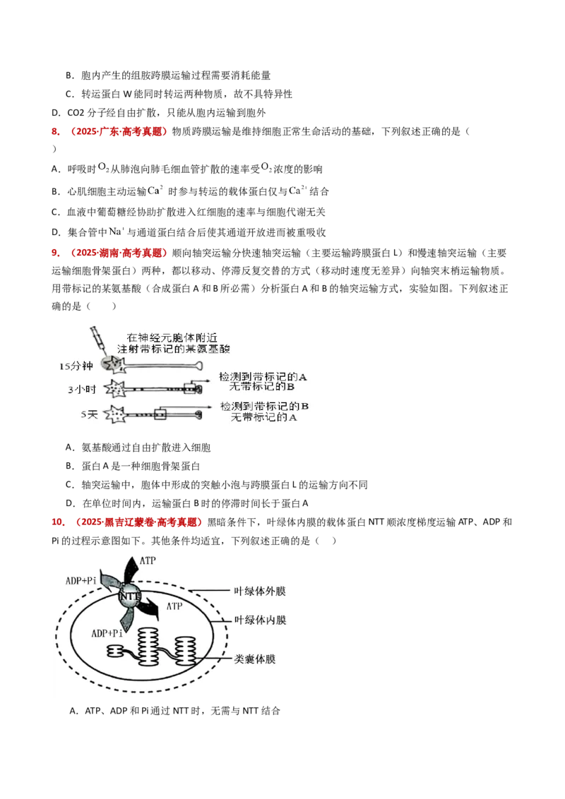 五年（2021-2025）全国高考生物真题分类汇编专题03物质的跨膜运输（全国通用）（原卷版）_高考真题分类汇编_高考生物真题分类汇编（全国通用）五年（2021-2025）
