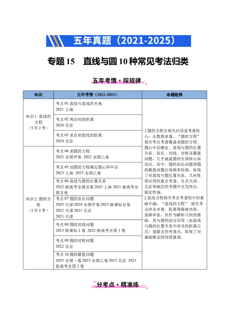 专题15直线与圆10种常见考法归类（全国通用）（原卷版）_高考真题分类汇编_高考数学真题分类汇编（全国通用）五年（2021-2025）