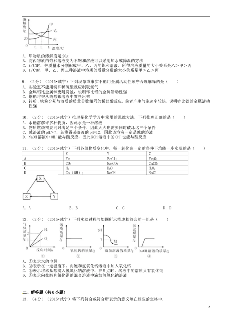 湖北省咸宁市2015年中考化学真题试题（含答案）_中考真题_5.化学中考真题2015-2024年_2015中考真题卷（162份）