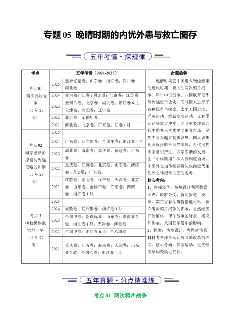 五年（2021-2025）高考历史真题分类汇编专题05晚晴时期的内忧外患与救亡图存（全国通用）（解析版）_高考真题分类汇编_高考历史真题分类汇编（全国通用）五年（2021-2025）