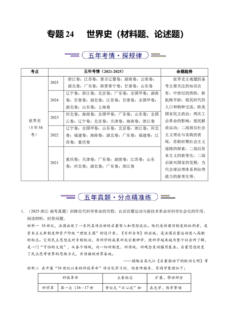 五年（2021-2025）高考历史真题分类汇编专题24世界史（材料分析题、观点论述题）（全国通用）（解析版）_高考真题分类汇编_高考历史真题分类汇编（全国通用）五年（2021-2025）