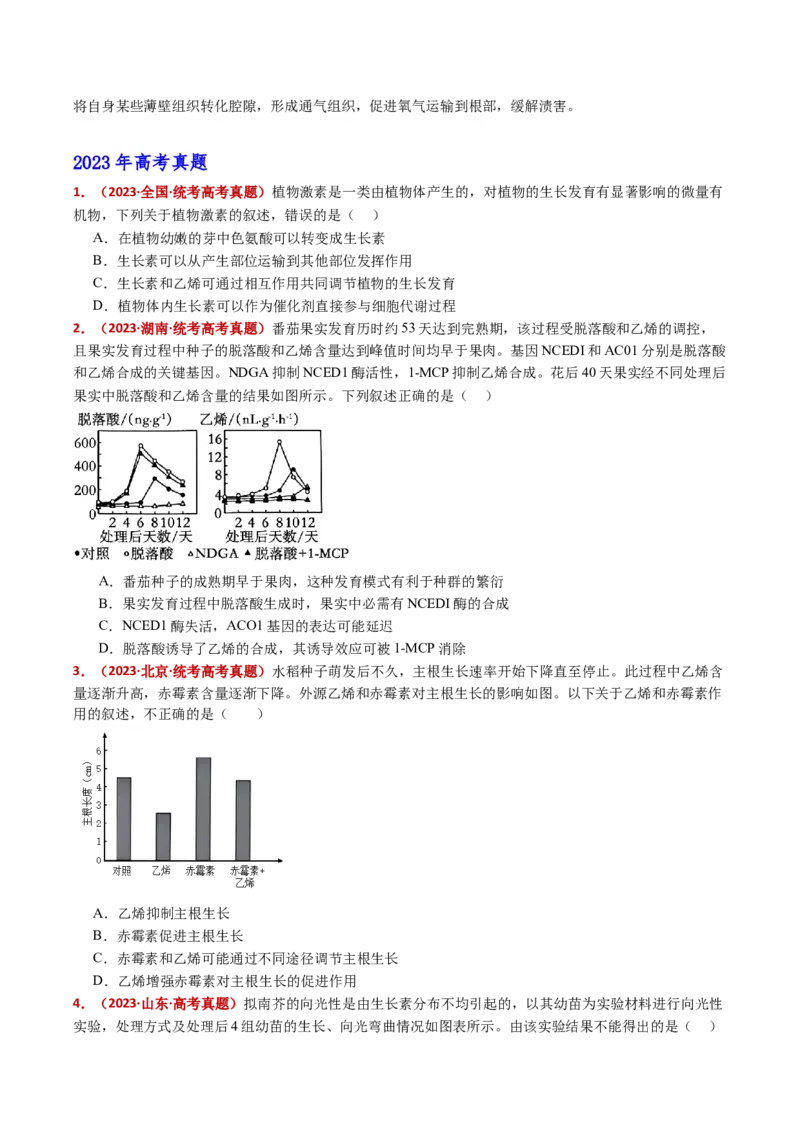五年（2021-2025）全国高考生物真题分类汇编专题17植物激素的调节（全国通用）（原卷版）_高考真题分类汇编_高考生物真题分类汇编（全国通用）五年（2021-2025）