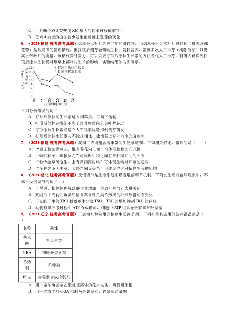 五年（2021-2025）全国高考生物真题分类汇编专题17植物激素的调节（全国通用）（原卷版）_高考真题分类汇编_高考生物真题分类汇编（全国通用）五年（2021-2025）