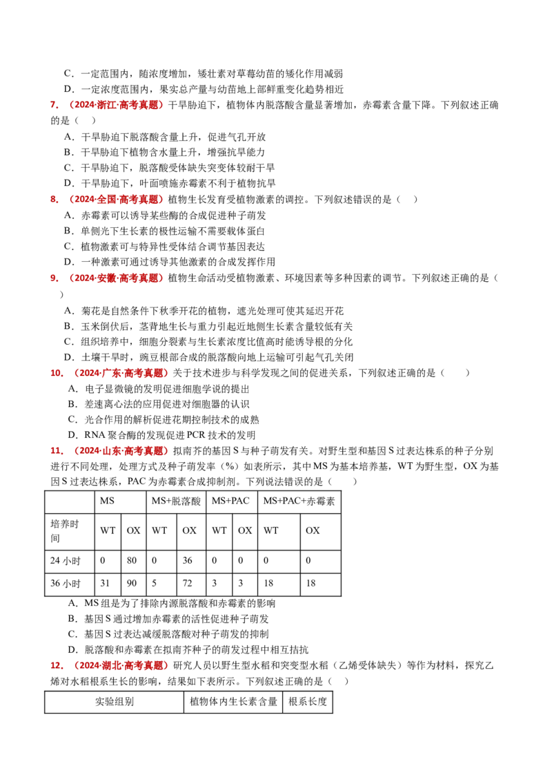 五年（2021-2025）全国高考生物真题分类汇编专题17植物激素的调节（全国通用）（原卷版）_高考真题分类汇编_高考生物真题分类汇编（全国通用）五年（2021-2025）